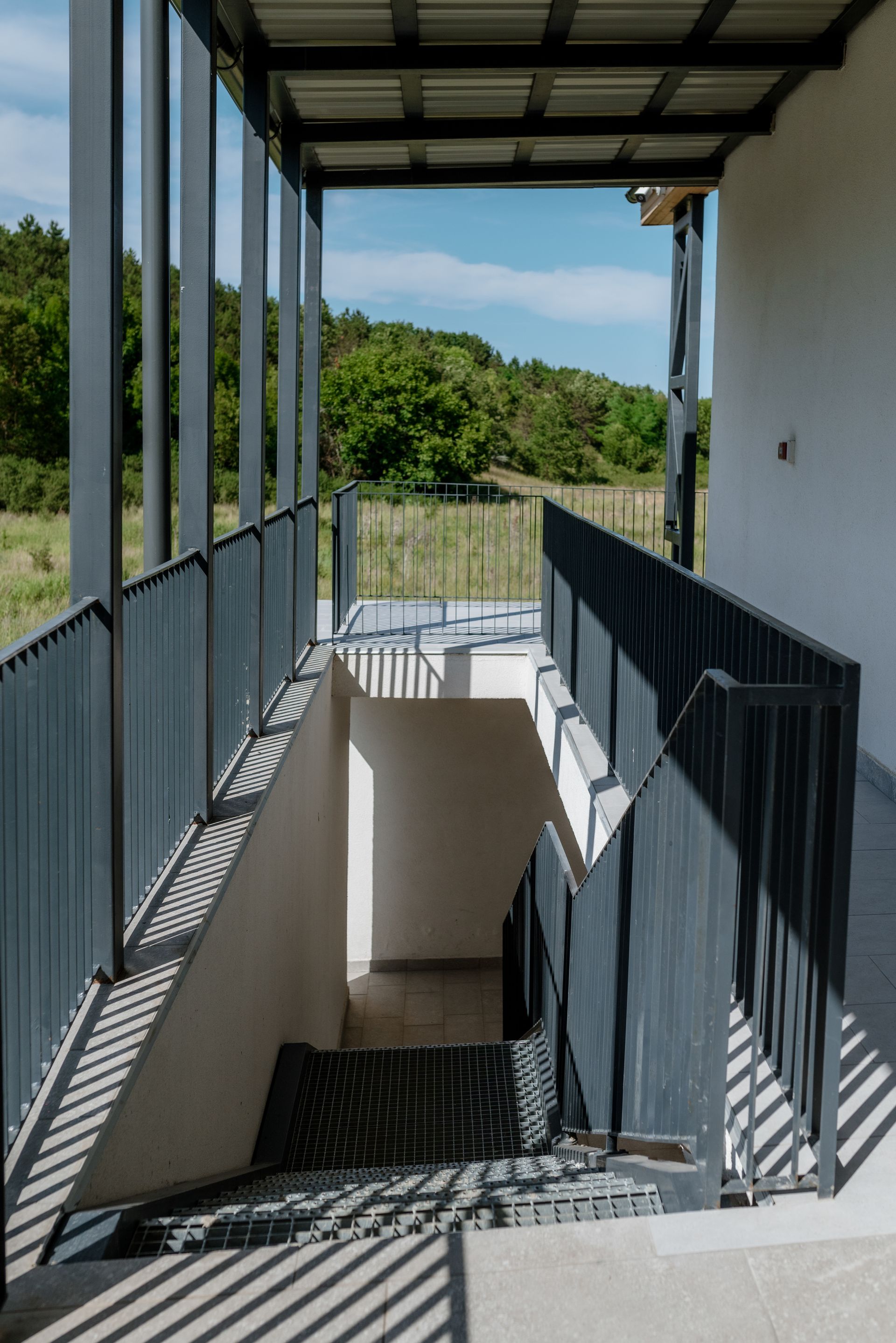 Terasă/scară exterioară acoperită de o pergolă metalică, cu balustrade din metal închis la culoare și trepte din grătar metalic. Pereții tencuiți alb și structura ușoară deschid perspectiva spre peisajul natural – pădure și pajiște – sub cerul senin.
